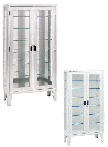 プラム器械戸棚(ステンレス),両開,W750×D360×H1700mm,三面硝子,硝子棚
